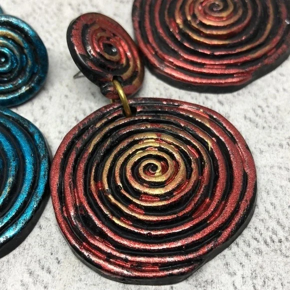 Retro Spiral Swirl Statement Rustic Modernist Abstruct Earrings Dangle Drop Long - Picture 4 of 6